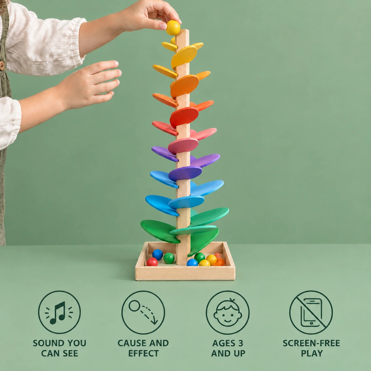 Rainbow music tree benefits: sound you can see, cause and effect, ages 3 and up, screen-free play
