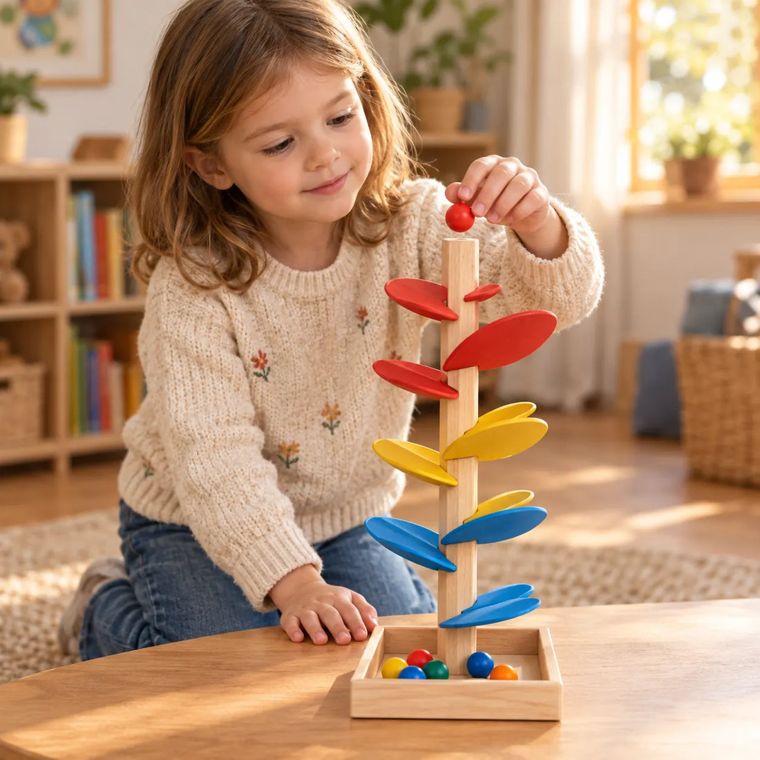 Child releasing a ball at the top of the small music tree with red, yellow and blue leaves