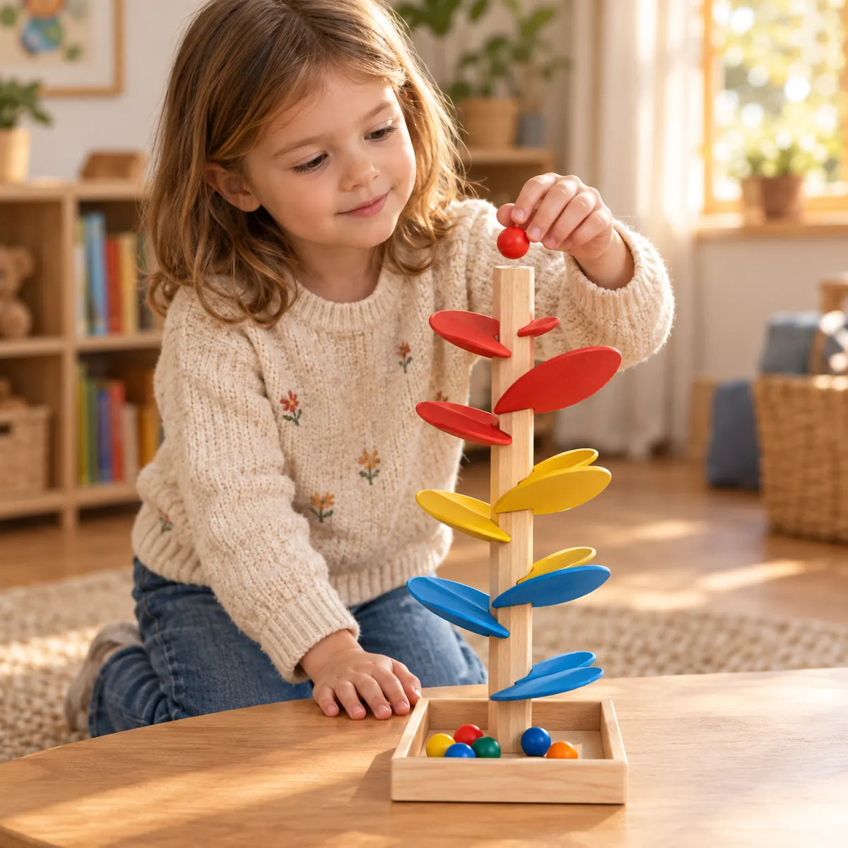 Child releasing a ball at the top of the small music tree with red, yellow and blue leaves