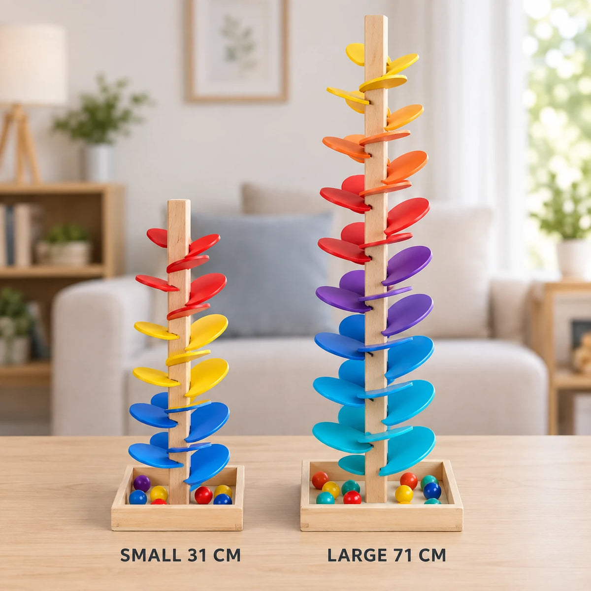 Size comparison: the 31cm small music tree beside the 71cm large rainbow music tree, leaves spiralling round the post