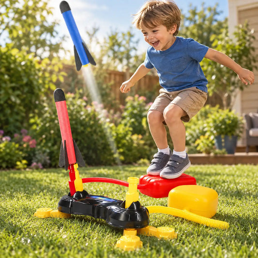 Boy jumping onto the foot pad of the twin stomp rocket launcher as a foam rocket flies