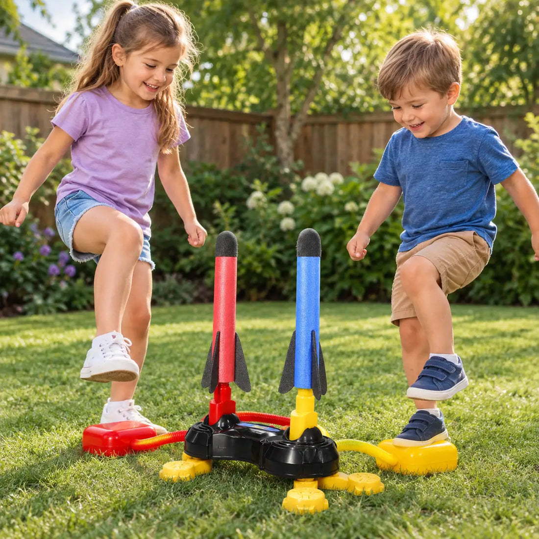 Two children with feet raised over the foot pads of the twin stomp rocket launcher