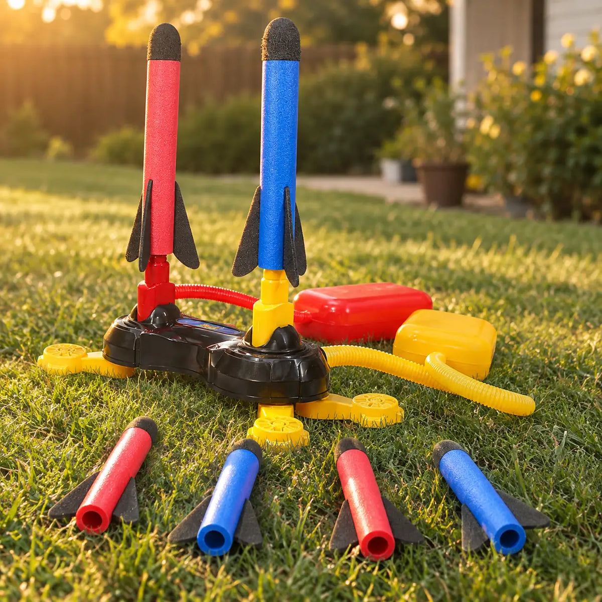 Stomp rocket launcher with two rockets loaded and four foam rockets on the grass