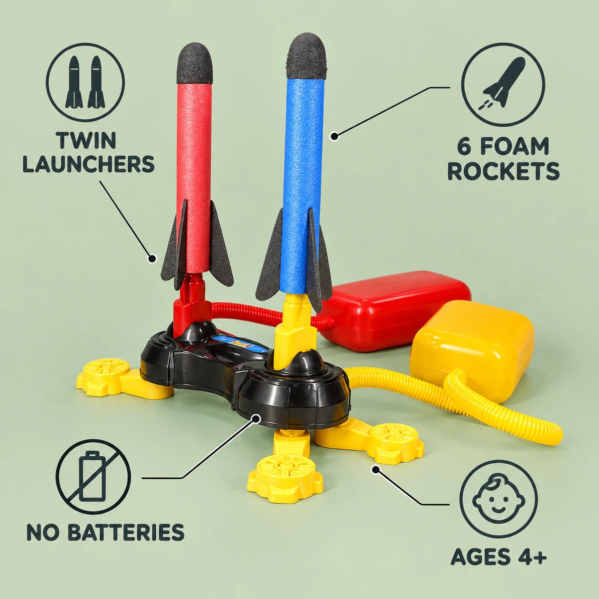Stomp rocket features: twin launchers, 6 foam rockets, no batteries, ages 4 and up