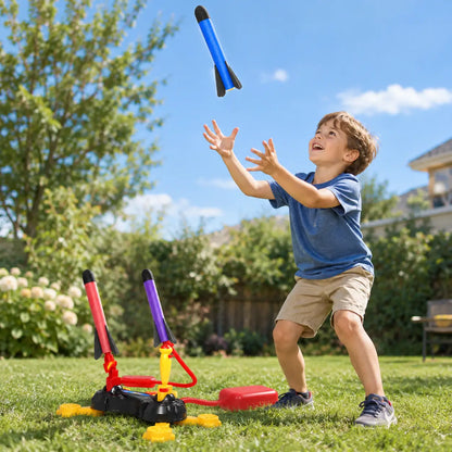 Boy catching a falling foam rocket against a blue sky