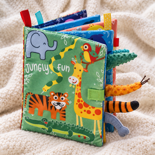 Green cloth jungle book with its 3D fabric animal tails sticking out past the pages