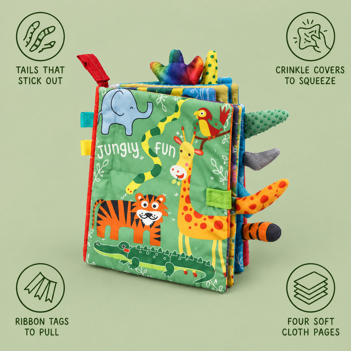 Baby Soft Book features: tails that stick out, crinkle covers to squeeze, ribbon tags to pull, four soft cloth pages