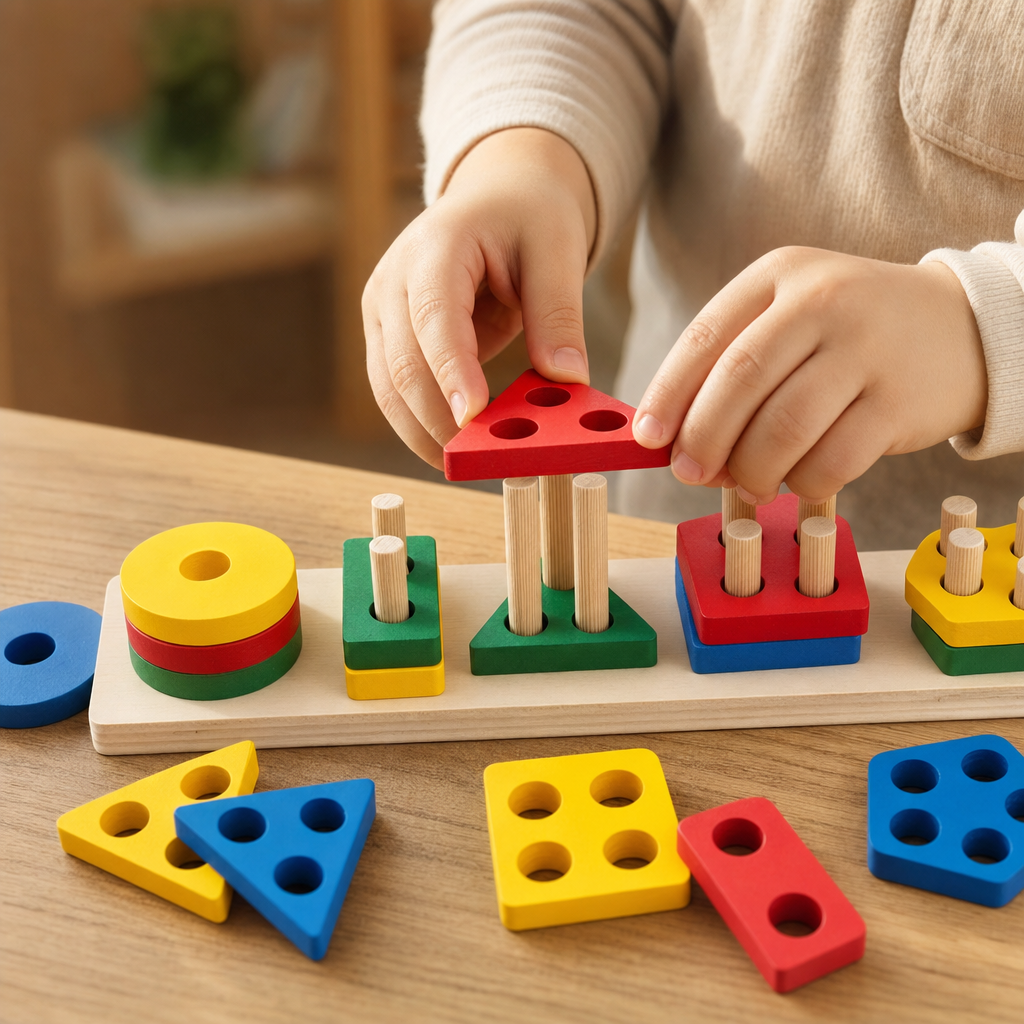 Close-up of a toddler's hands lowering a drilled wooden shape onto its matching peg column