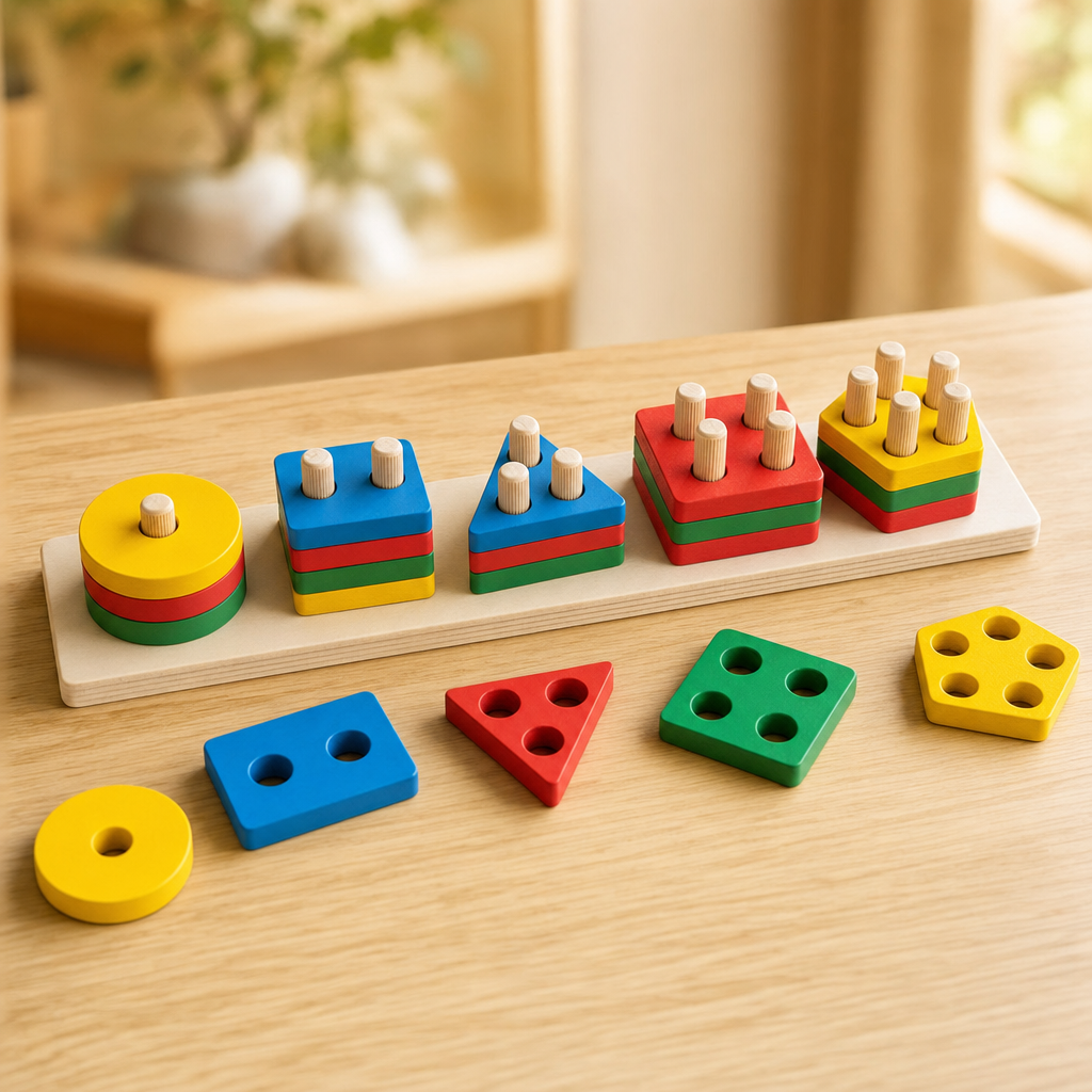 Wooden shape and count sorting board with five graded peg columns and coloured shapes sorted onto them