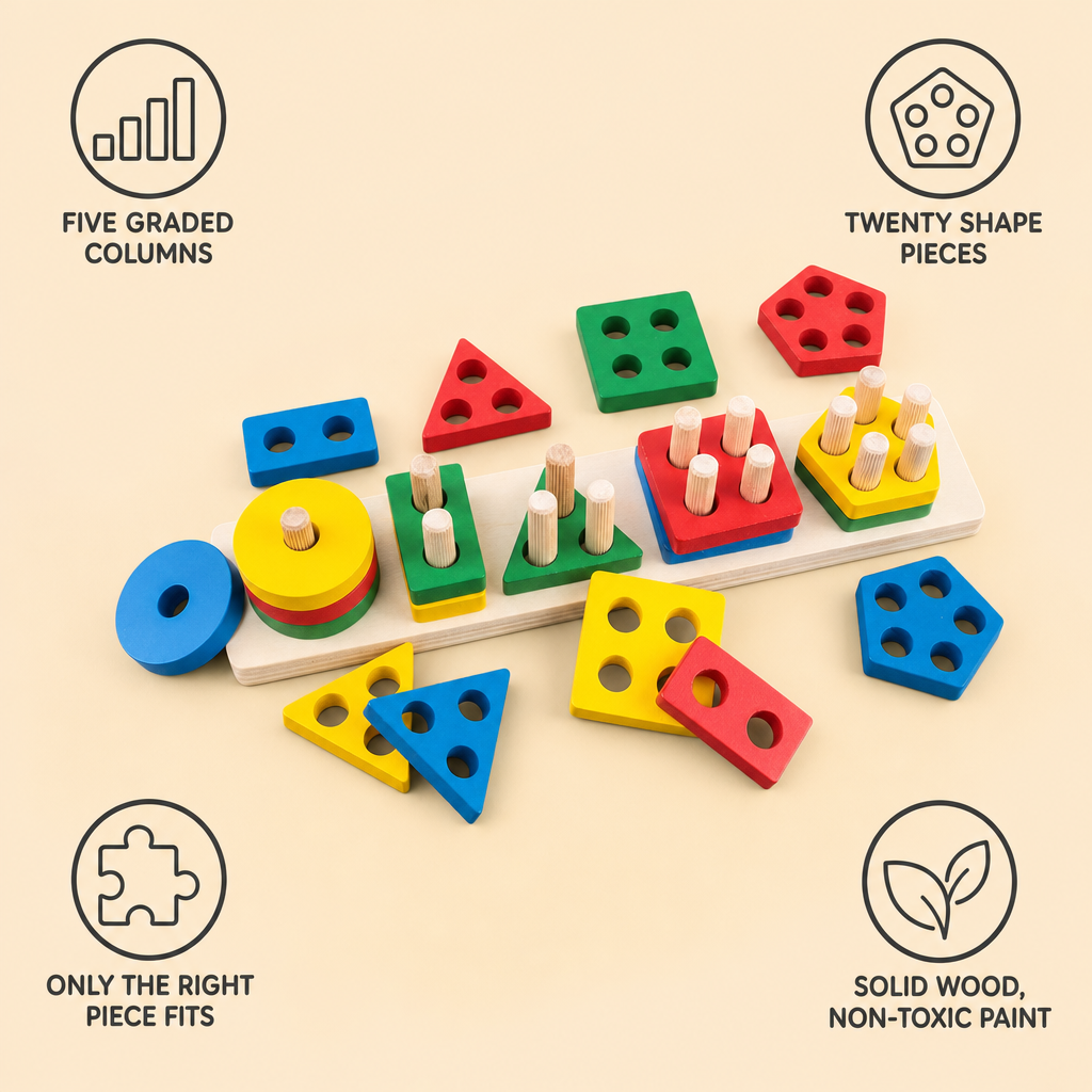 Shape and Count Sorting Board features: five graded columns, twenty shape pieces, only the right piece fits, solid wood