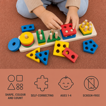 Shape and Count Sorting Board benefits: shape colour and count, self-correcting, ages 1 to 4, screen-free