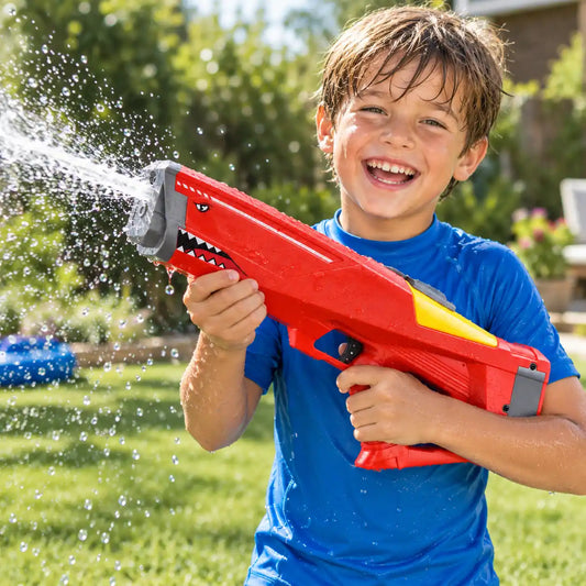 Boy in a rash vest spraying a strong jet of water from the red electric shark water gun in a sunny garden