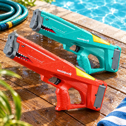 Red and green electric shark water blasters on a wet pool deck