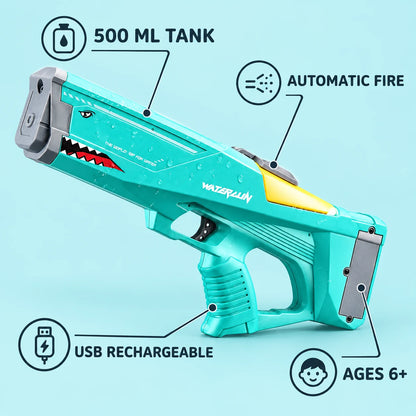Shark water blaster features: 500 ml tank, automatic fire, USB rechargeable, ages 6 and up