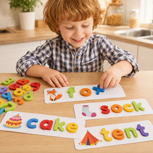 Child laying a wooden letter onto the dotted outline of a spelling card at the kitchen table