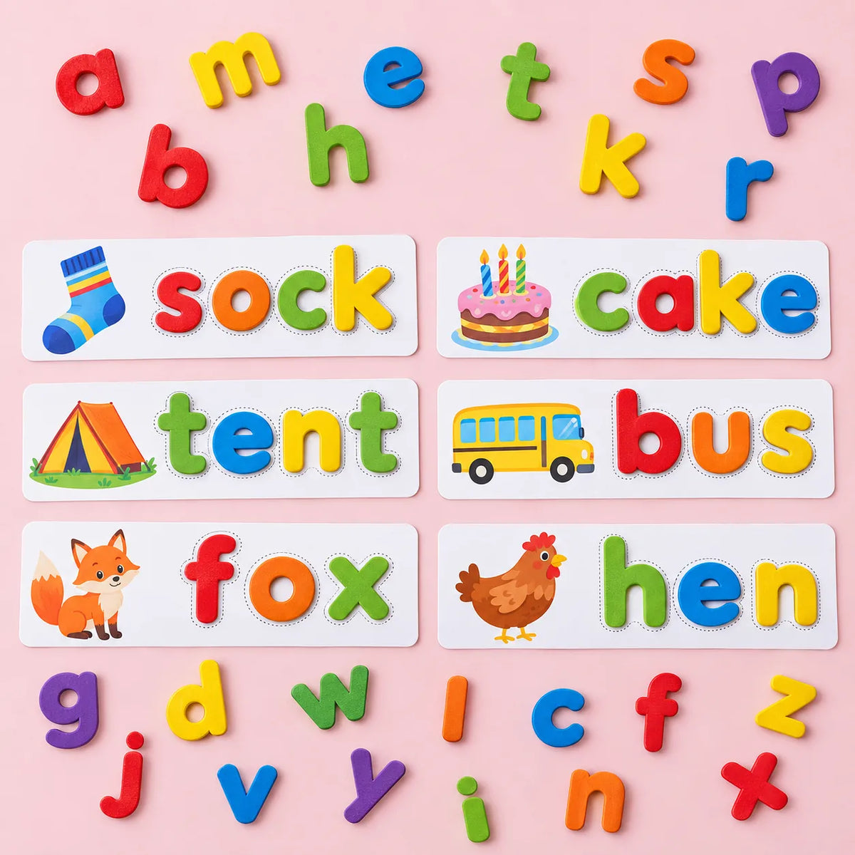 Six spelling cards completed with coloured wooden letters: sock, cake, tent, bus, fox and hen