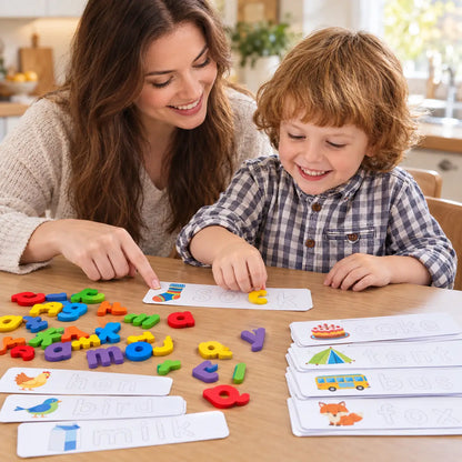 Parent and child spelling a word together with the picture cards and wooden letters