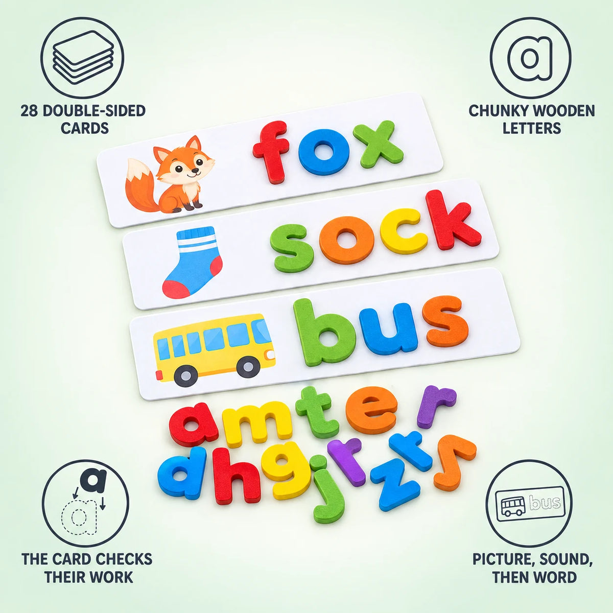 Spelling Game features: 28 double-sided cards, chunky wooden letters, the card checks their work, picture then sound then word