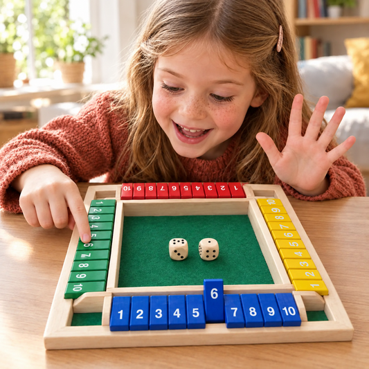 Girl counting on her fingers over the Shut the Box board, working out the dice total