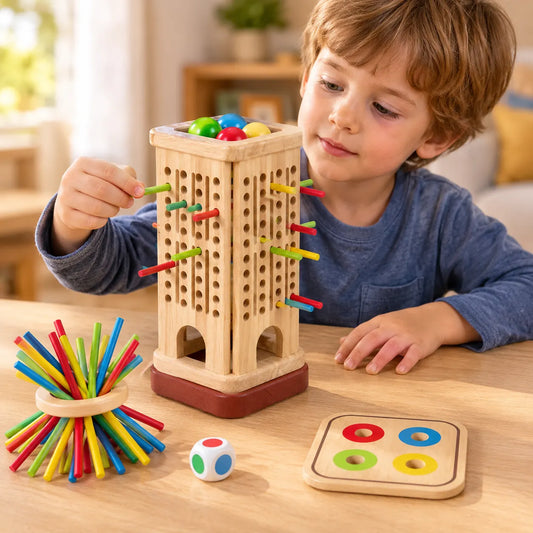 Child drawing a green stick out of the wooden tower with four coloured balls resting on top
