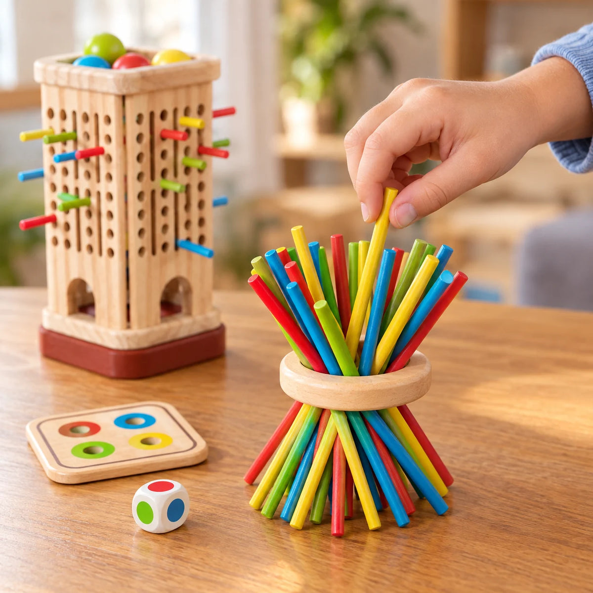 The ring game: a bundle of coloured sticks standing upright in the wooden doughnut ring as a child eases one out