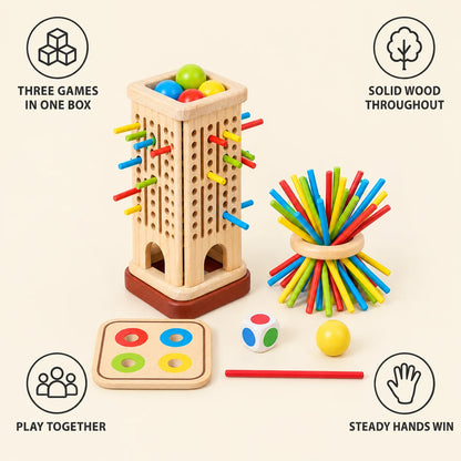 Stick game features: three games in one box, solid wood throughout, play together, steady hands win