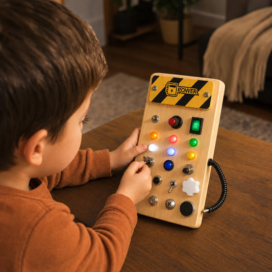 Child pressing a lit LED on the wooden switch board at a table, coiled probe lead beside it