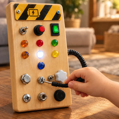 Toddler touching the coiled lead's metal probe tip to a screw head, lighting the white LED in the centre of the board