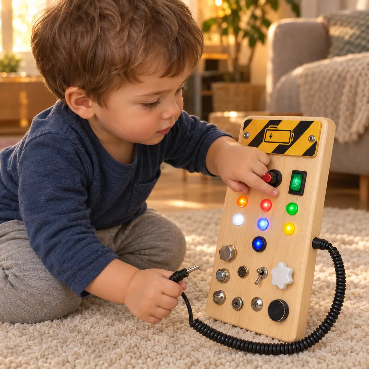 Toddler sitting on a rug working the switches on the wooden LED board with the lights glowing