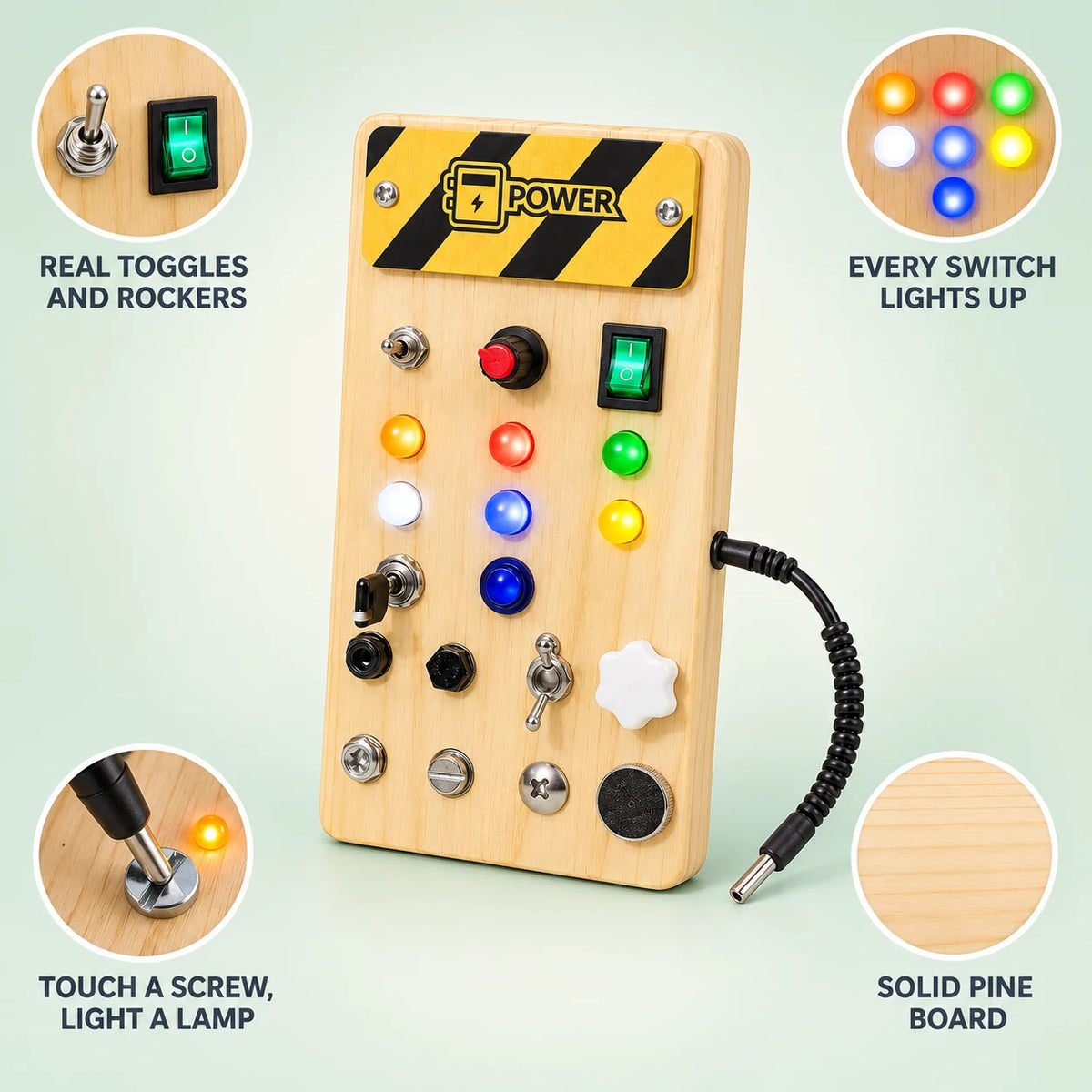 LED Switch Board features: real toggles and rockers, every switch lights up, touch a screw to light a lamp, solid pine board