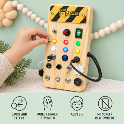 LED Switch Board benefits: cause and effect, builds finger strength, ages 3 to 6, no screen, real switches
