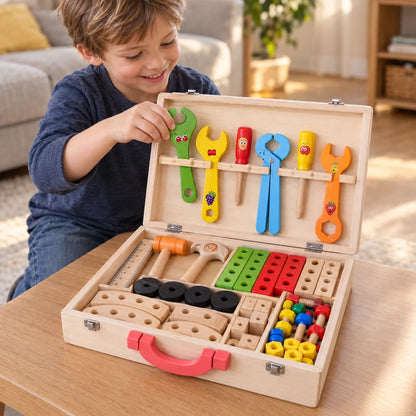 Boy lifting a wooden spanner from the open wooden toolbox on a table, whole tool set visible