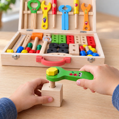 Close-up of a child's hands tightening a wooden nut onto a bolt through a birch cube with the toy spanner