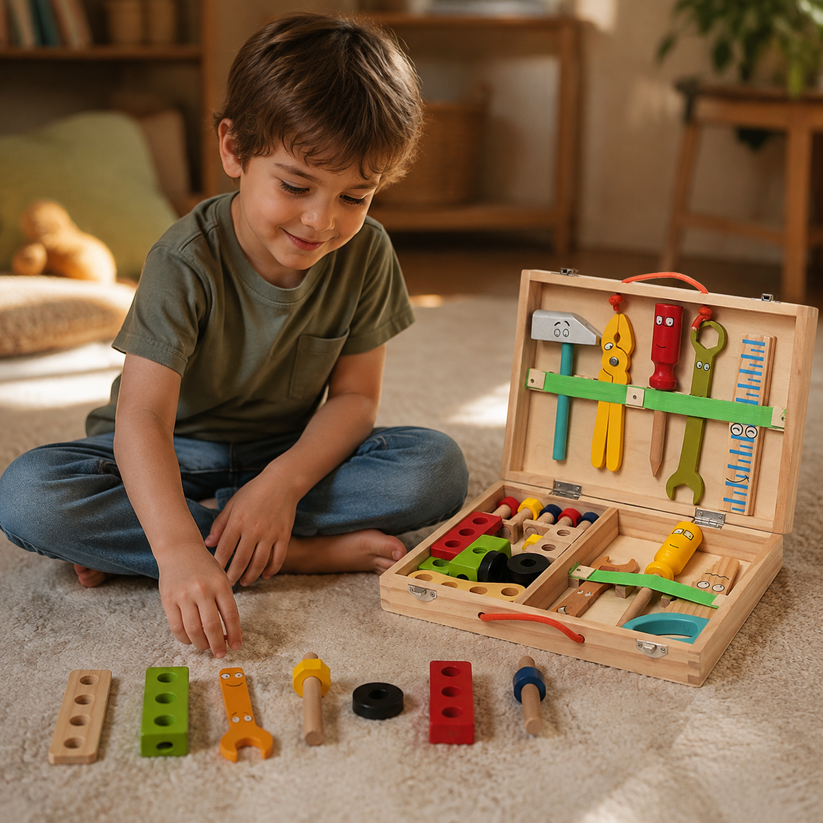 Child sitting on a rug with the wooden toolbox open and the tools laid out beside it