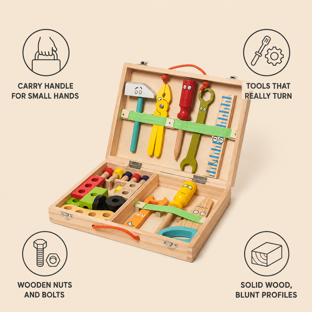 Wooden Toolbox features: carry handle, tools that really turn, wooden nuts and bolts, solid wood blunt profiles