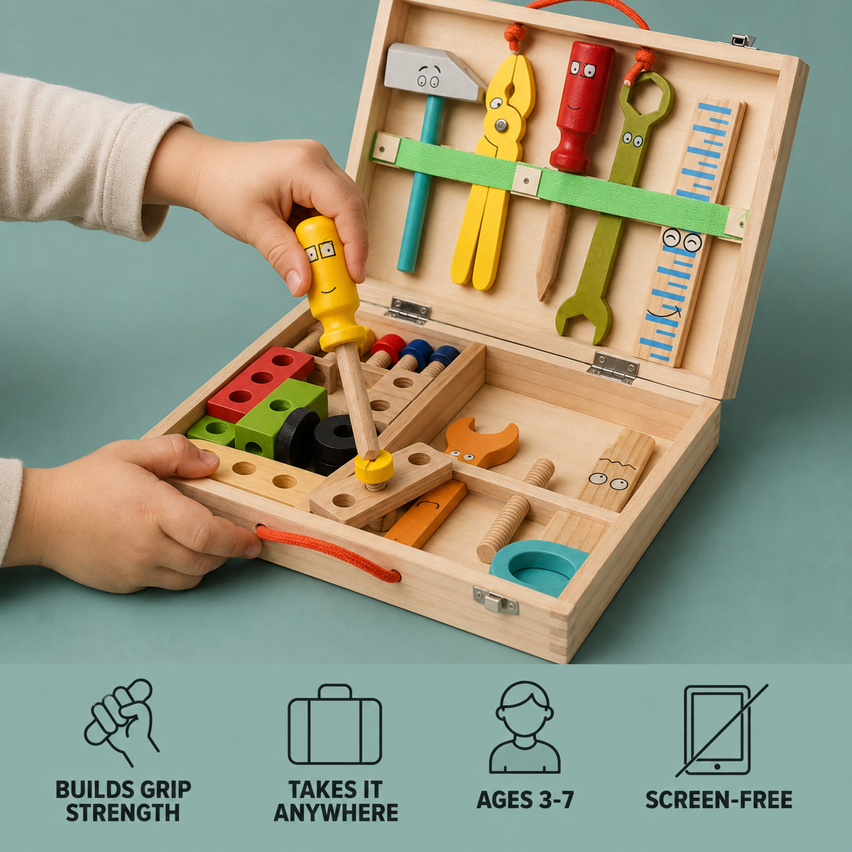 Wooden Toolbox benefits: builds grip strength, portable, ages 3 to 7, screen-free