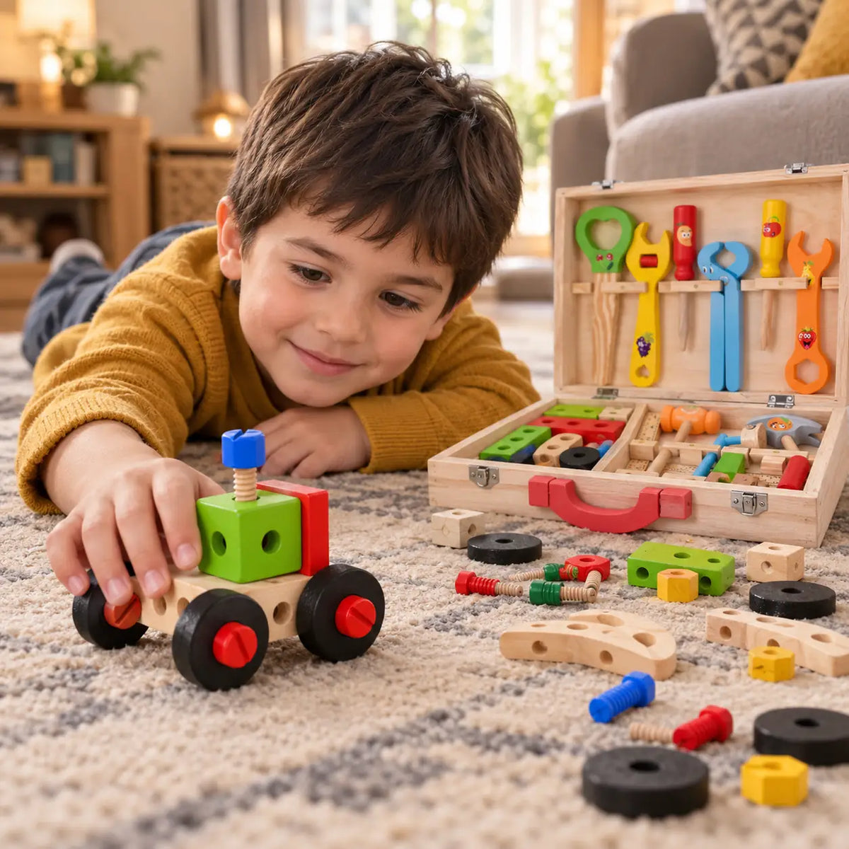 Boy lying on a living room rug pushing a wooden car he built from the toolbox set