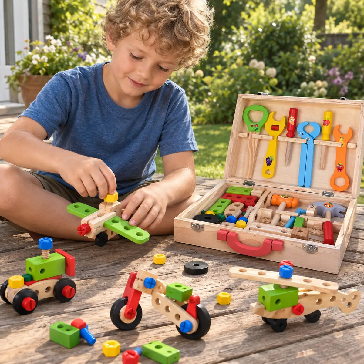 Boy building a wooden aeroplane from the toolbox set outdoors on a sunny deck