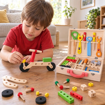Boy at a low table fitting a screw to the wooden bike he built from the toolbox set