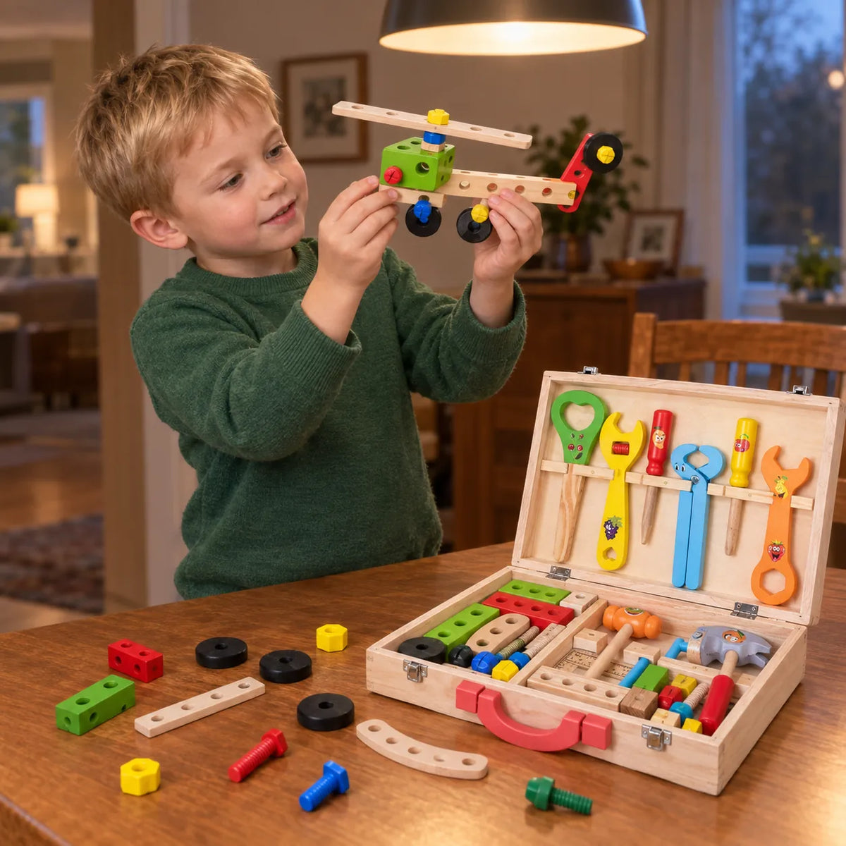 Boy holding up the wooden helicopter he built from the toolbox set at the dining table