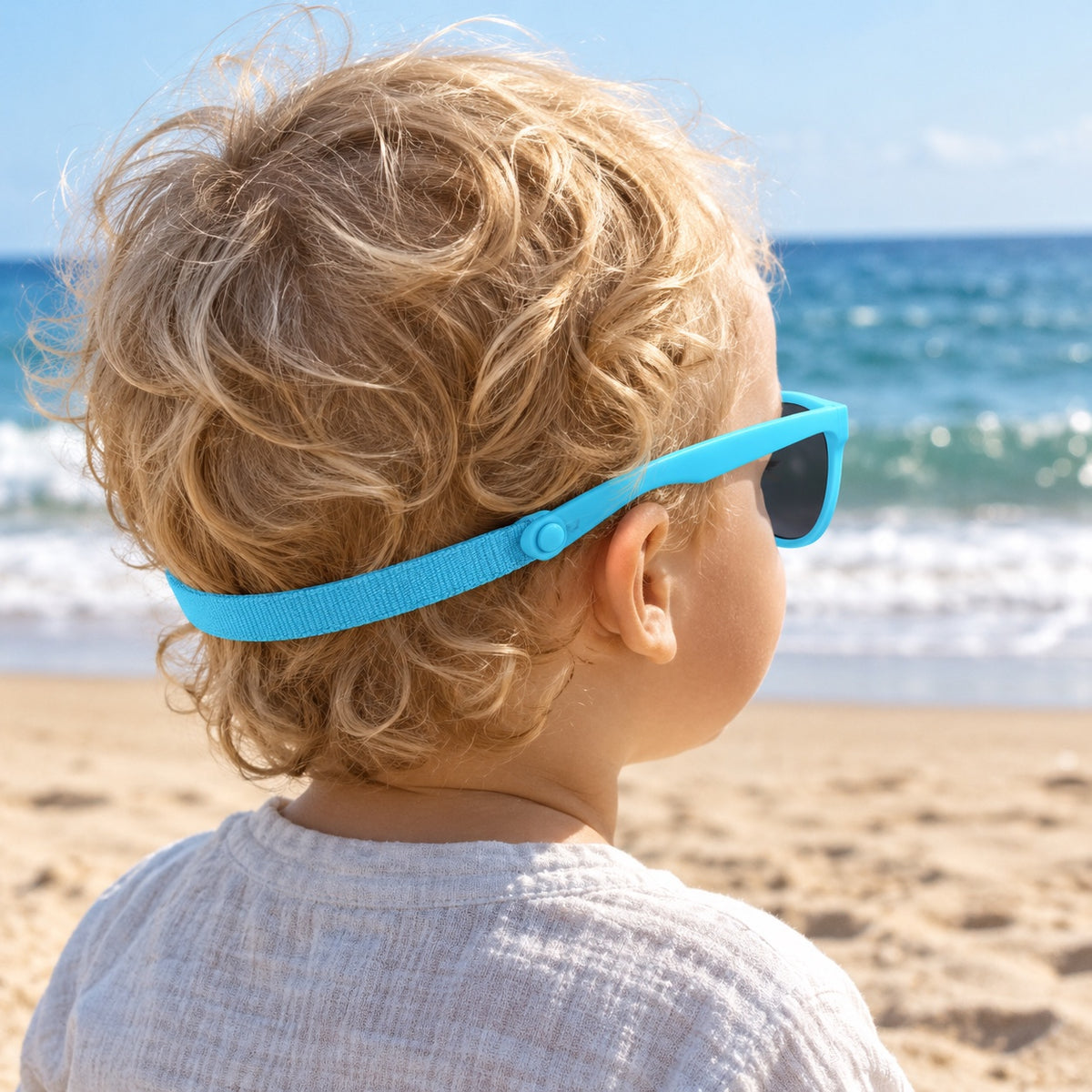 Adjustable strap holding blue toddler sunglasses in place at the back of a child's head at the beach