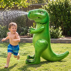 Inflatable green T-Rex sprinkler spraying water as a boy runs past on the lawn