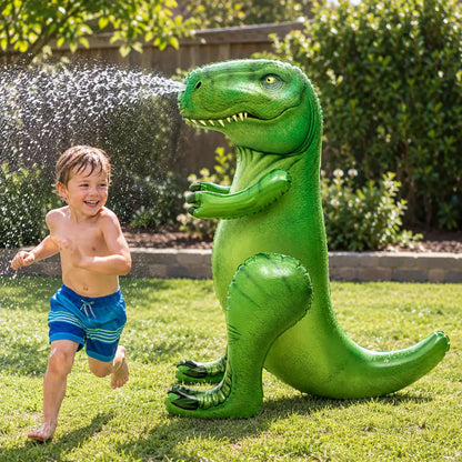 Inflatable green T-Rex sprinkler spraying water as a boy runs past on the lawn
