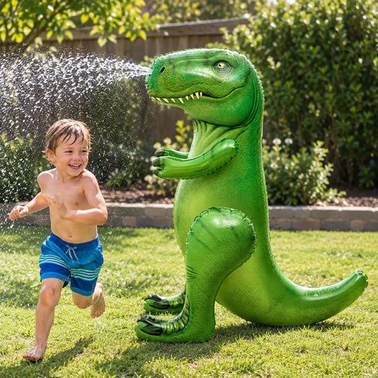 Inflatable green T-Rex sprinkler spraying water as a boy runs past on the lawn
