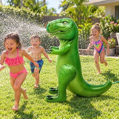 Three children running through the spray of the inflatable T-Rex sprinkler