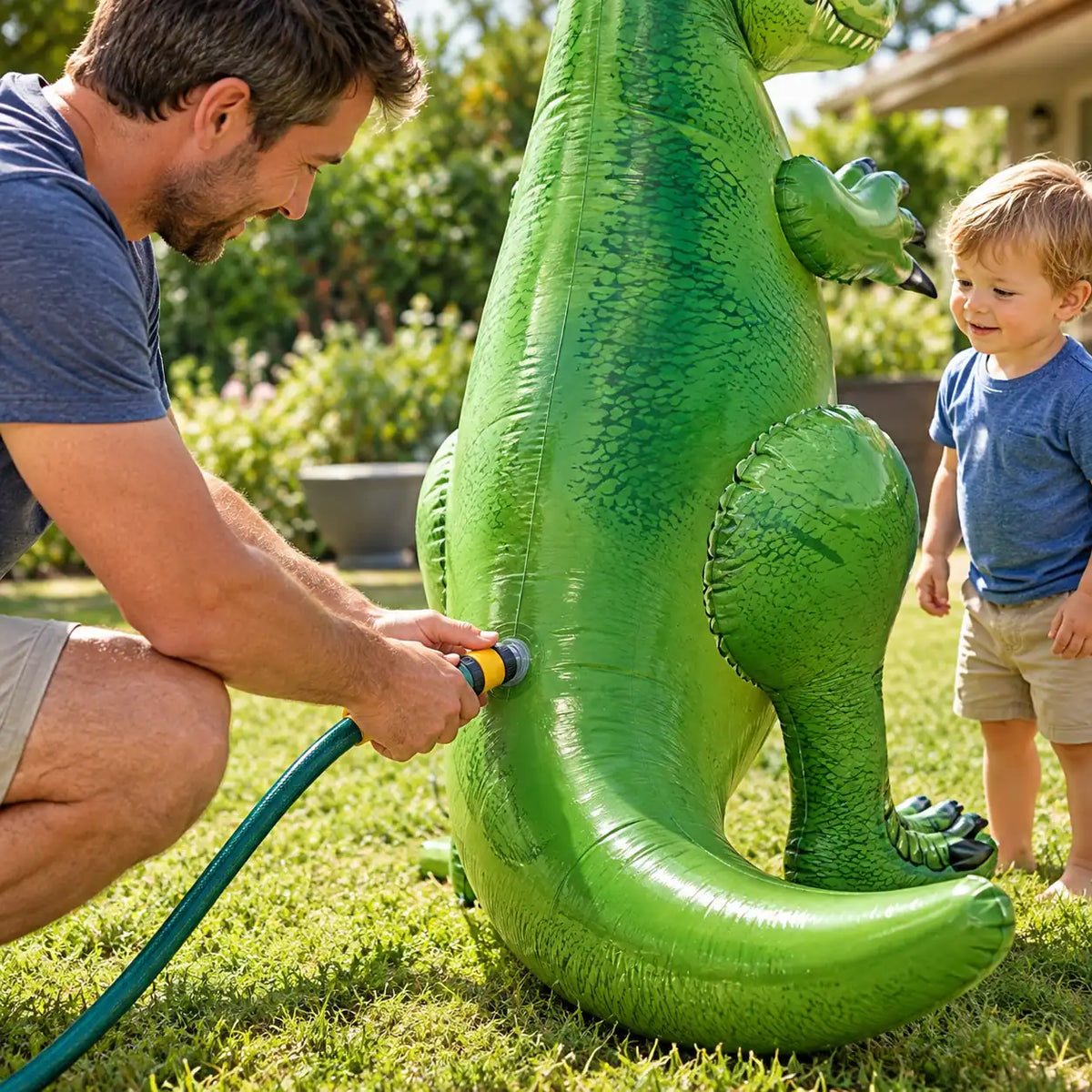 Father connecting a garden hose to the inlet at the back of the inflatable T-Rex sprinkler