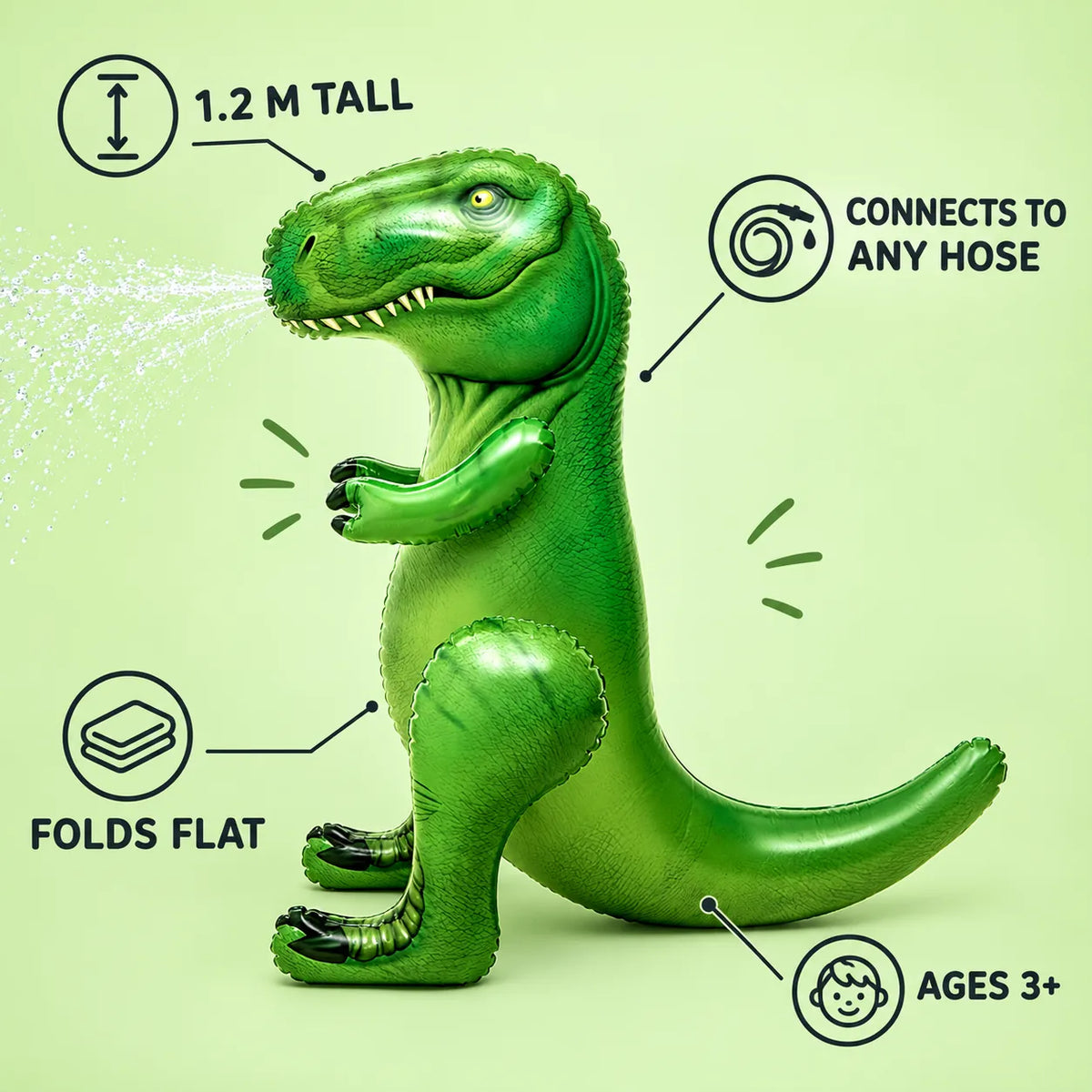 T-Rex sprinkler features: 1.2 m tall, connects to any hose, folds flat, ages 3 and up