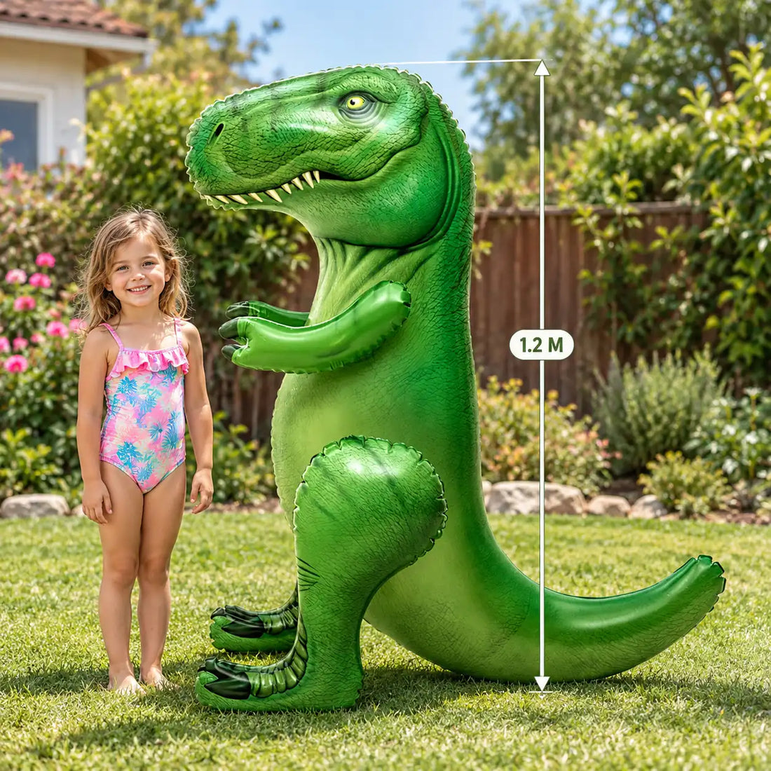 Five-year-old girl beside the inflatable T-Rex sprinkler with a 1.2 metre height arrow