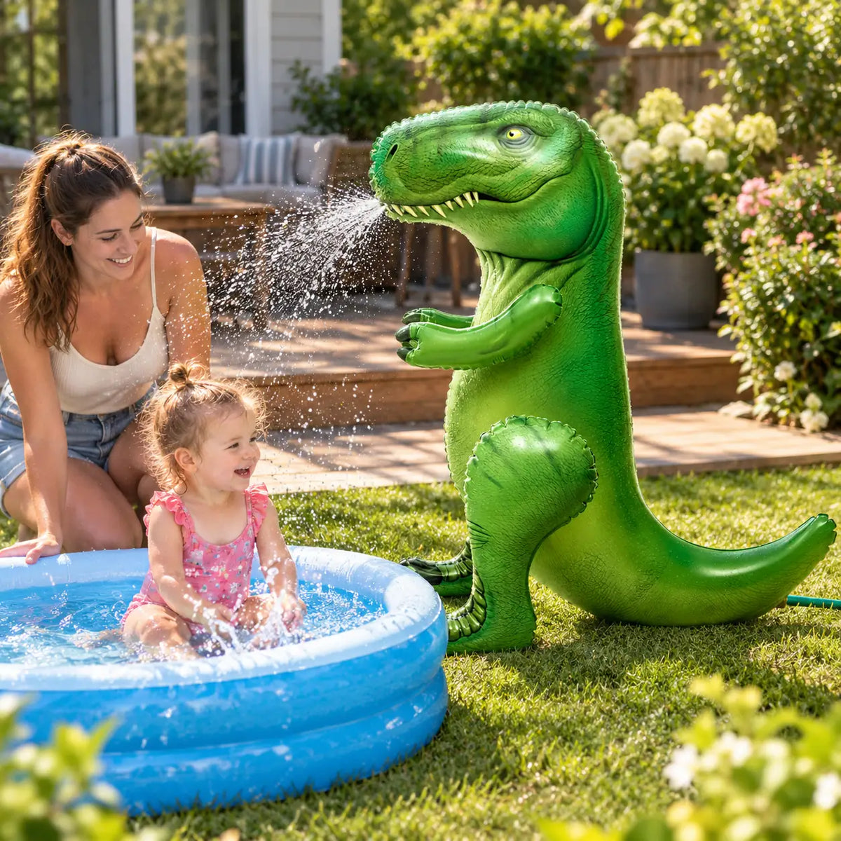 T-Rex sprinkler spraying beside a paddling pool where a toddler splashes