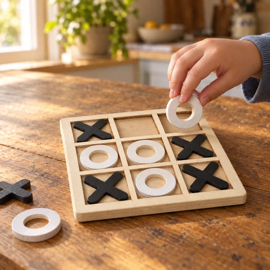 Child's hand lowering a white wooden O ring into the tic tac toe board on a kitchen table